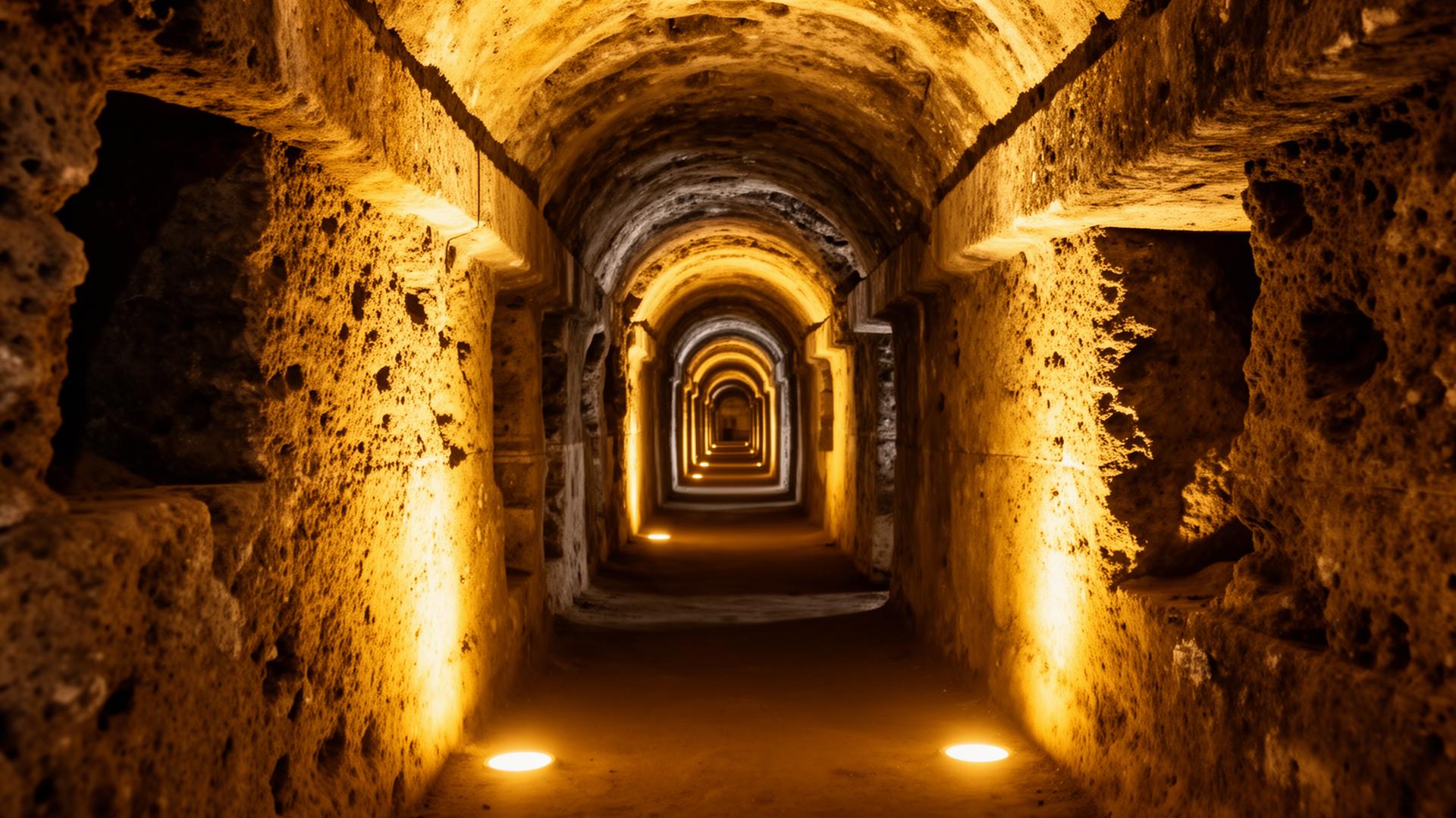 Naples underground tunnel illuminated by warm lights